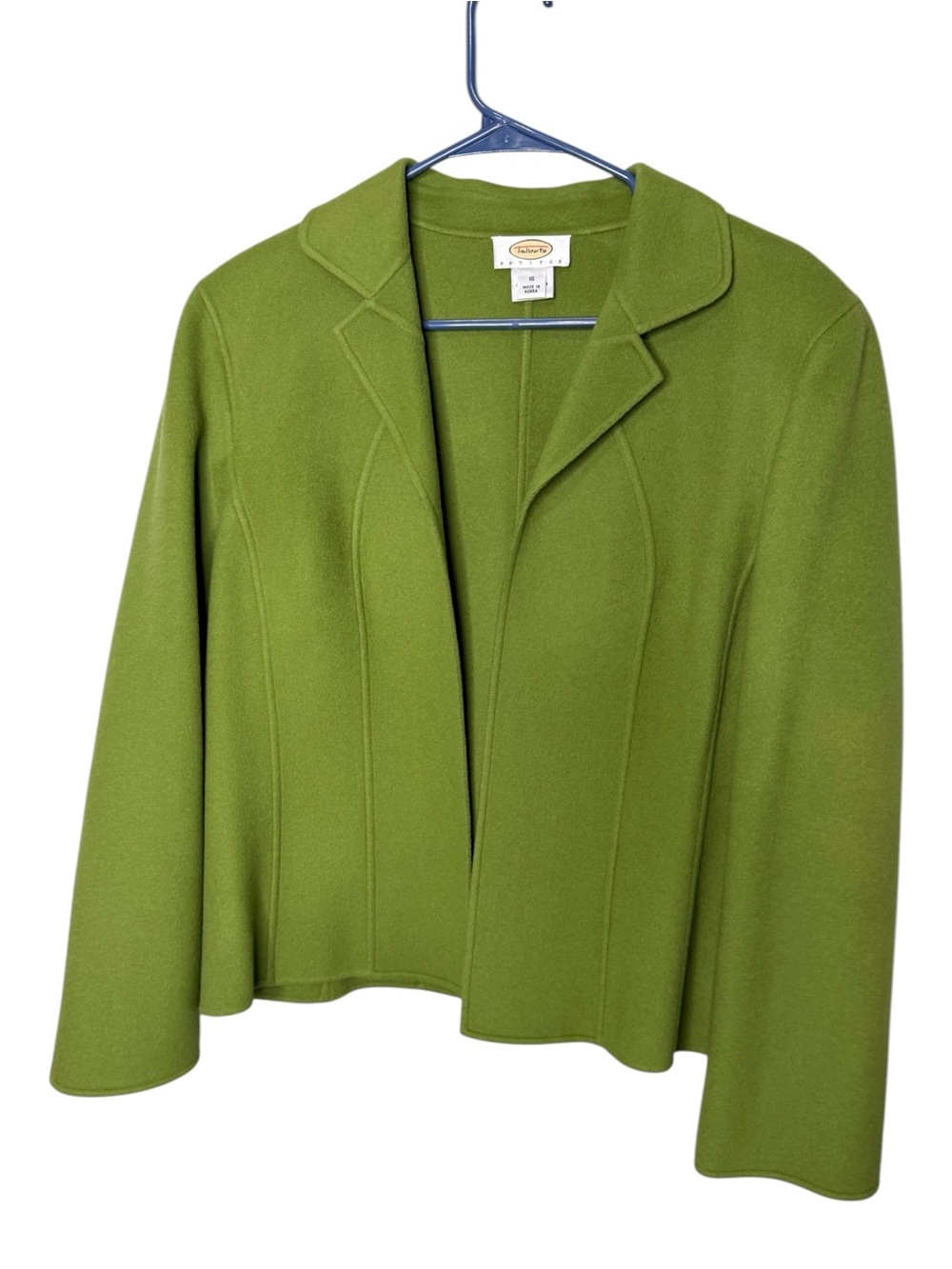 Talbots Petites Green 100% Wool Open Front Blazer Jacket 16P Pea Lime Chartreuse